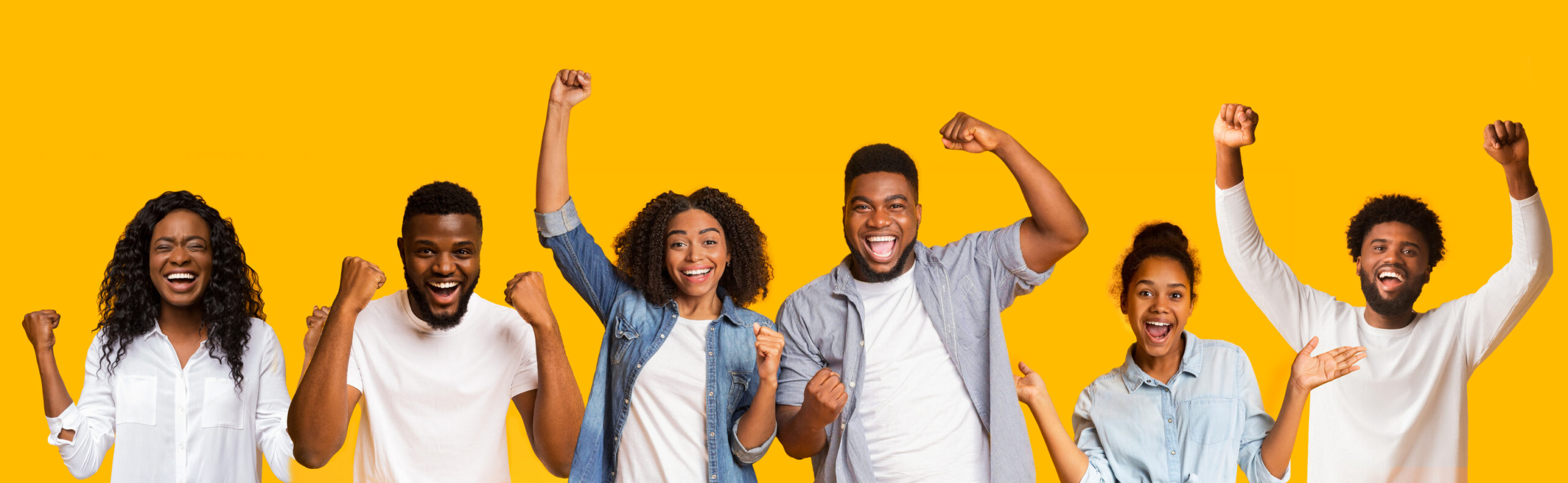 Collage of happy people celebrating success on yellow